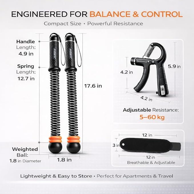 Cordless Battle Ropes for Home Workout – Ropeless Adjustable HIIT & Strength Training Kit with Hand Gripper & Wrist Wraps – Portable Full Body Fitness Equipment for Small Spaces