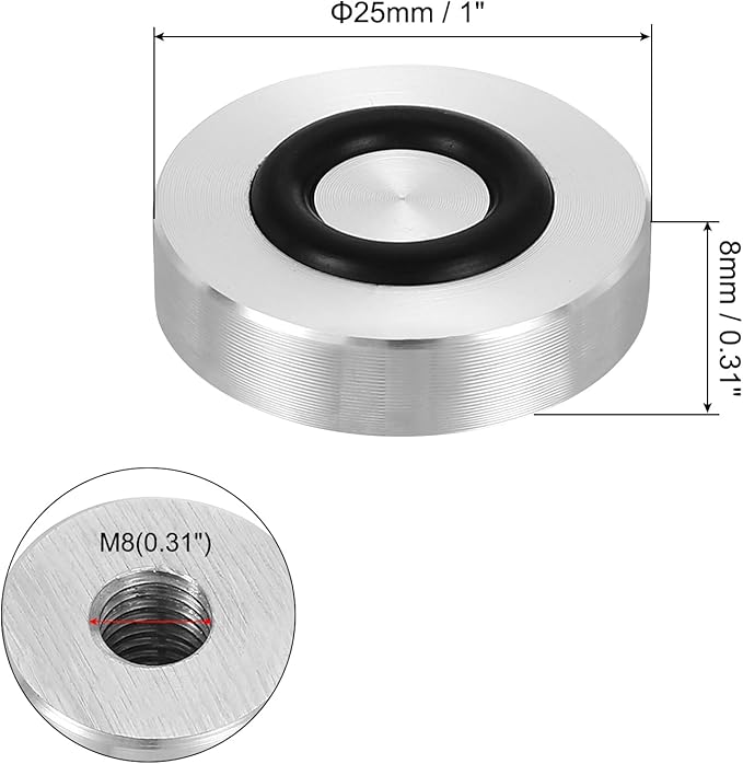 uxcell M8 Thread 25mm / 1" Dia 8mm Thick Aluminum Circle Disc Glass Top Adapter 4pcs Round Solid Table Feet Pad Plate Hardware with Anti-Slip Rubber Ring