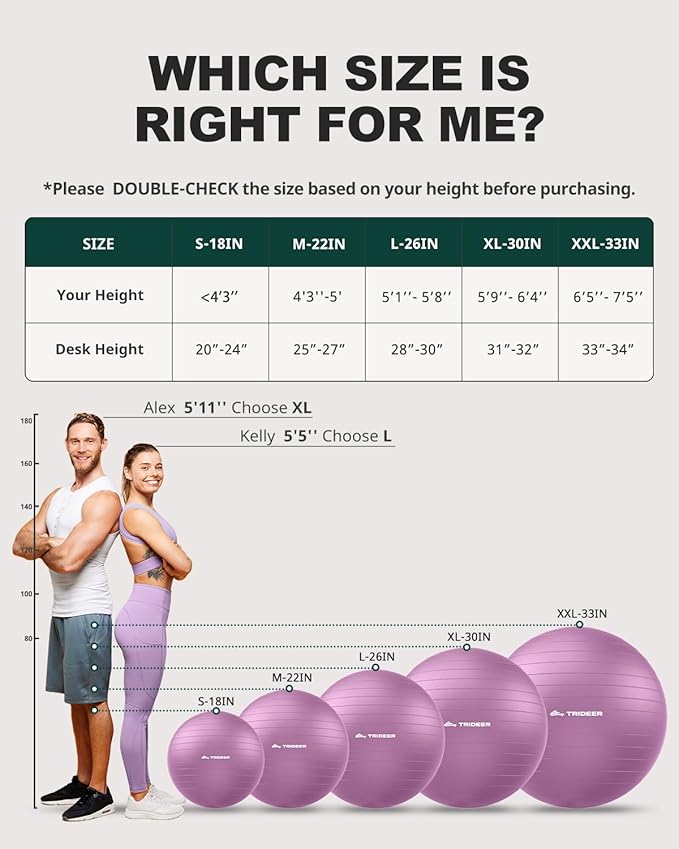 Trideer Exercise Ball for Yoga, Pilates & Fitness – Stability Ball Equipment for Home Gym & Office Chair, Core & Balance Training Accessories, Physical Therapy Equipment, Quick Pump Included, 5 Sizes