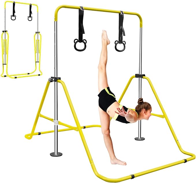 Anwick Gymnastics Bar for Kids - Height Adjustable Horizontal Monkey Bars with Rings, Folding Training Equipment for Indoor Outdoor Home Gym, Kids Exercise Pull Up Bar
