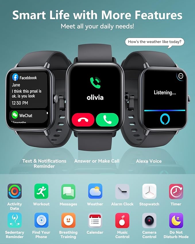 Smart Watches for Women/Men, Smart Watch for Android Phones and iPhone Compatible, Alexa Built-in, 1.8" Fitness Watches for Women, IP68 Waterproof /Bluetooth Call, Heart Rate/Sleep Monitor, Two Bands