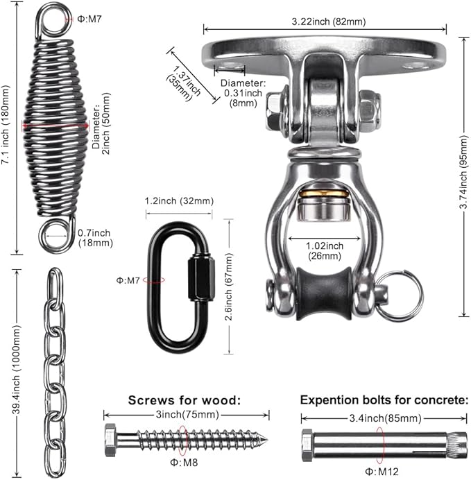 SELEWARE Hammock Chair Hanging Kit, Stainless Steel Bearing Swing Hanger with Heavy Duty Spring and Chain, Ceiling Mount for Hanging Indoor Outdoor Swing, Hammock Chair, Heavy Punching Bags