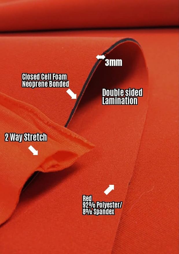 Neoprene Bonded Sponge Waterproof Wetsuit Fabric Black 1MM, 2MM, 3MM, 4MM, 5MM Thick Sold by The Foot and Yard (3mm - by The Foot (Red))
