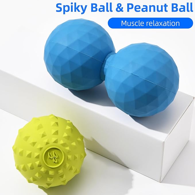 Peanut & Spiky Massage Ball Set, Double Lacrosse Peanut Roller + Firm Spiky Ball for Deep Tissue Myofascial Release, Trigger Point Therapy, Plantar Fasciitis & Muscle Recovery (Blue+Yellow)