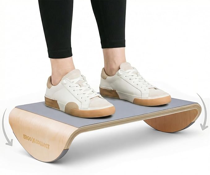 Wood Foot Rest Under Desk, Ergonomic Rocking Footrest with Whole Piece Curved Solid Wood Base,Balance Board Active Sitting Desk Footrest for Office & Home, No Assembly