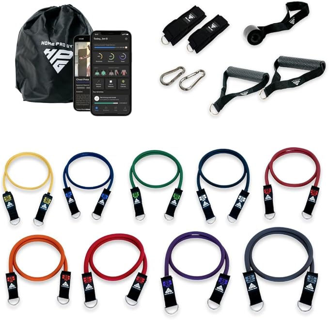 HomeProGym Stackable Resistance Band Set - with Up to 450LBS of Resistance, Band Bar, Premium Handles, Heavy Duty Door Anchor, Padded Ankle Straps, Digital Workout Guide