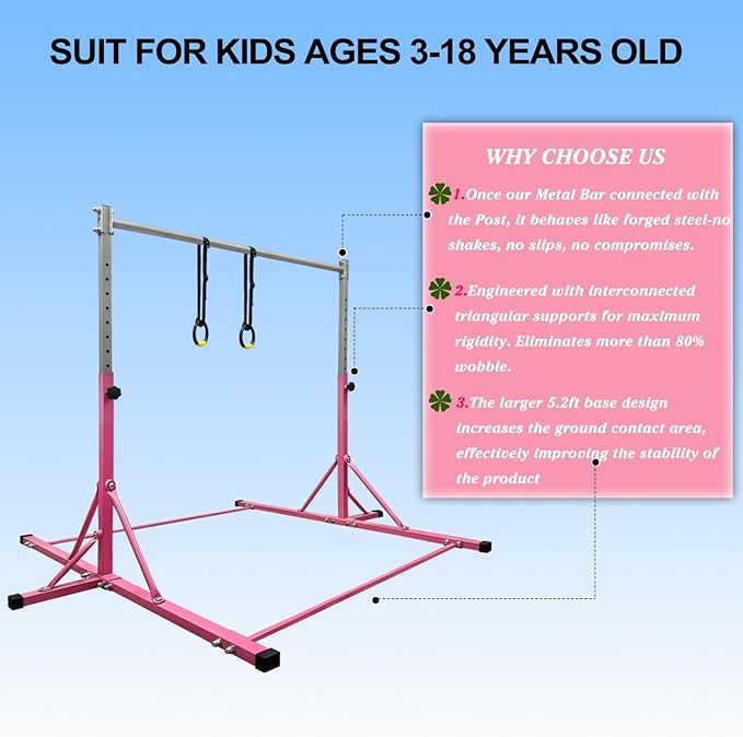 Gymnastics Bar for Kids Girls Ages 3-15 with Ring for Home Indoor Training Equipment- Steady Steel Construction, Anti-Slip, Easy to Assemble, 3' to 5' Adjustable Height