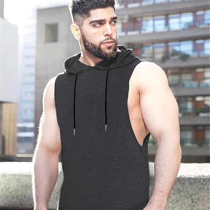 Babioboa Men's Workout Hooded Tank Tops Sports Training Sleeveless Gym Hoodies Bodybuilding Cut Off Muscle Shirts