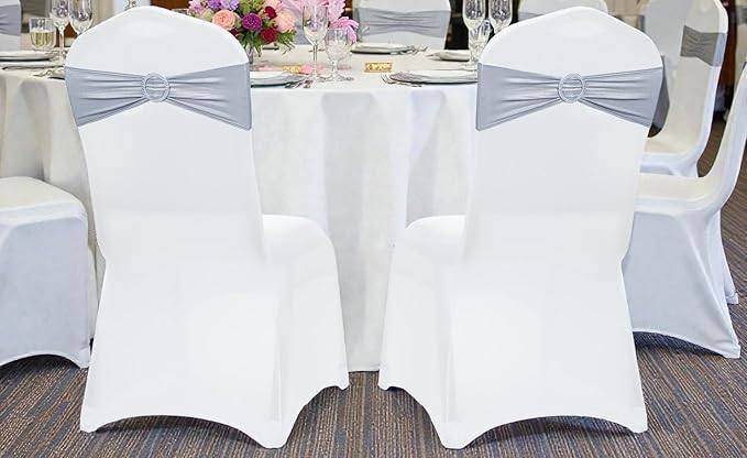 MDS Pack of 250 Spandex Foil Chair Sashes Bow Universal fits Elastic Stretch Chair Bands Ties with Buckle for Wedding Lycra Slider Bow - Metallic/zari/Sparkle Silver