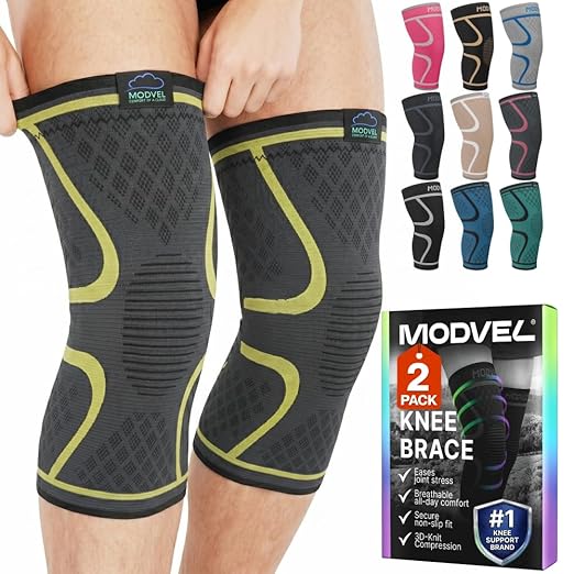 Modvel 2 Pack Knee Brace for Women & Men - Knee Support for Walking, Knee Compression Sleeves for Pain Relief, Knee Sleeves for Women, Knee Sleeves for Men, Knee Brace for Sports, Workouts & Arthritis
