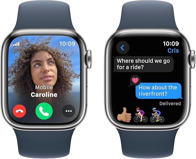 Apple Watch Series 9 [GPS + Cellular 41mm] Smartwatch with Silver Stainless Steel Case with Storm Blue Sport Band S/M. Fitness Tracker, ECG Apps, Always-On Retina Display