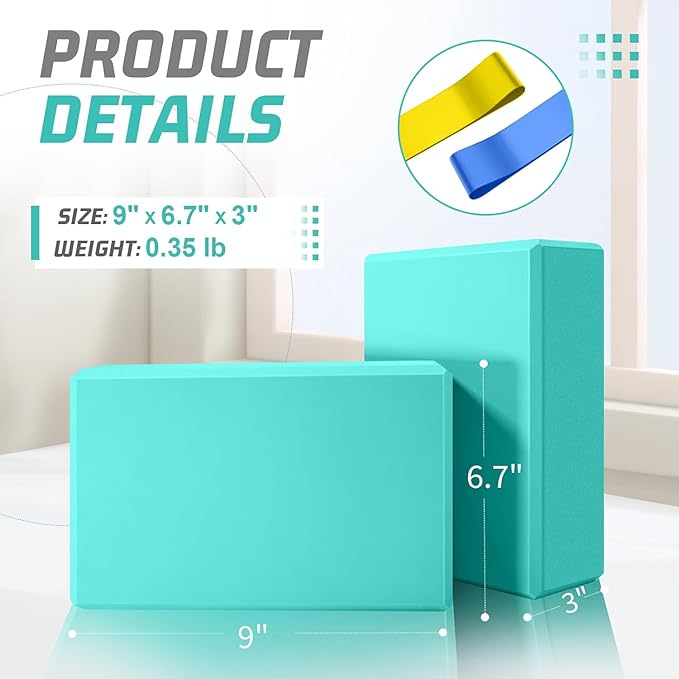 Yoga Blocks 2 Pack 3x6x9IN Foam Block Supportive Latex-Free with Stretch Band, Non-Slip Exercise Blocks for Pilates, Meditation, Balance, Stretching and Deep Poses