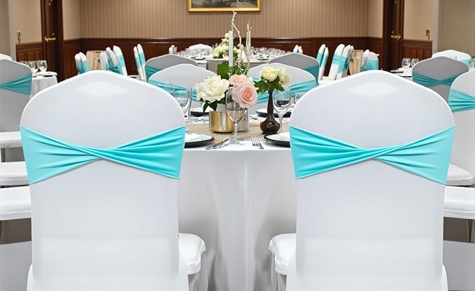 MDS Pack of 50 Spandex Chair Sashes Bows Elastic Stretch Dining Chair Bands Ties Without Slider Buckle Universal fits for Wedding Baby Shower Birthday Party Banquet Event Decoration - Aqua Blue