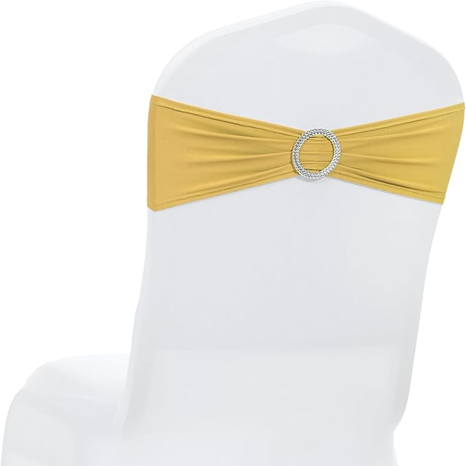 MDS Pack of 10 Spandex Chair Sashes Bow Premium Stretch Chair Cover Band with Buckle Slider Universal fits Elastic Dining Chair Ties for Wedding Party Banquet Events Decoration - Gold