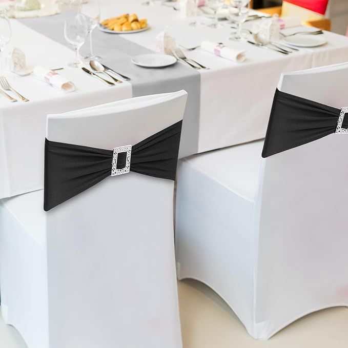 Joccun 120 PCS Spandex Chair Sashes Bows Stretch Chair Cover Band with Buckle Slider Universal Elastic Chair Ties for Wedding Banquet Party Event Decoration (Black)
