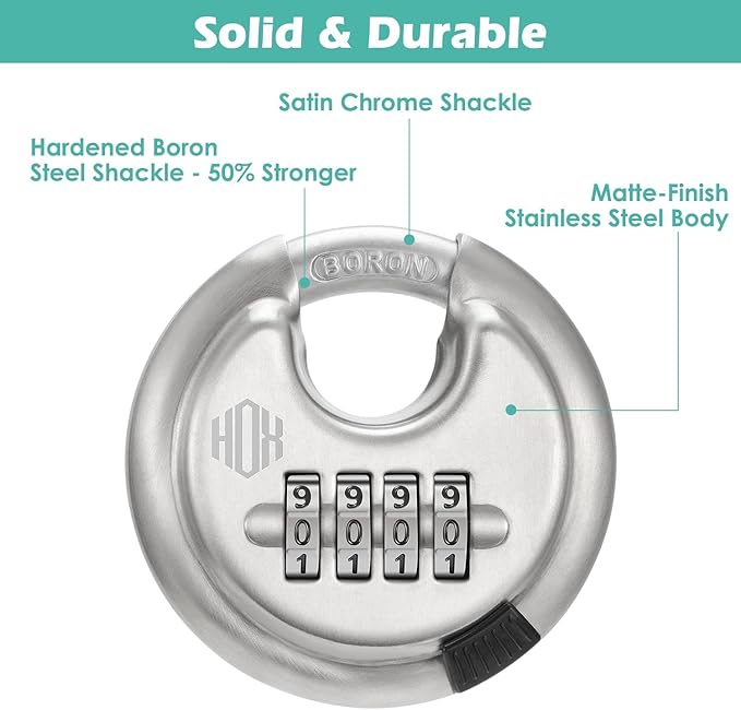 HOX Boron Shackle Combination Disc Lock, 70mm Stainless Steel Body, Heavy-Duty Weather-Resistant and Anti-Cut Padlock for Storage Units, Garages, Sliding Doors, and Cabinets (4 Pack)