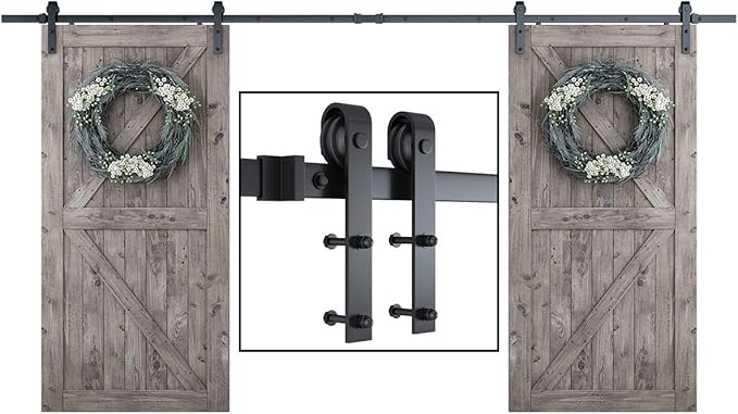 SMARTSTANDARD 12 FT Double Barn Door Hardware Kit, Sliding Door Track-Smoothly and Quietly-Includes Detailed Installation Fit 36" Wide Doorpanel (J Shape Hanger) Black