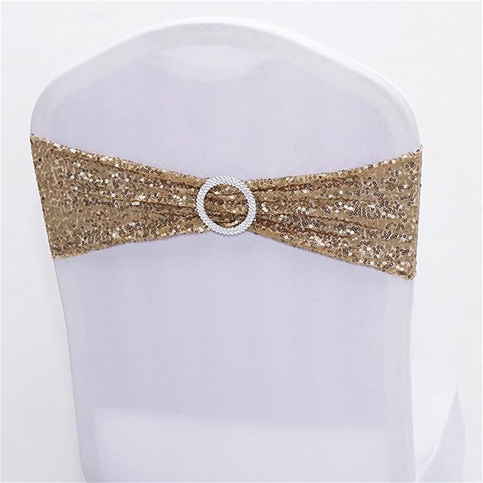 Dimatic 25 PCS Stretch Sequin Chair Sashes Chair Stretchy Spandex Bands for Wedding Reception Events Banquets Chairs Decoration (Champagne)