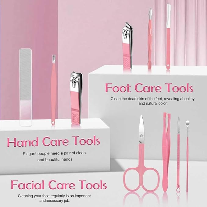 10 in 1 Manicure kit for Women Professional Pink Nail kit, Nail Care kit and Personal Toe Nail Clippers, Complete Manicure Set Women with Travel Beauty Tools Convenience Set