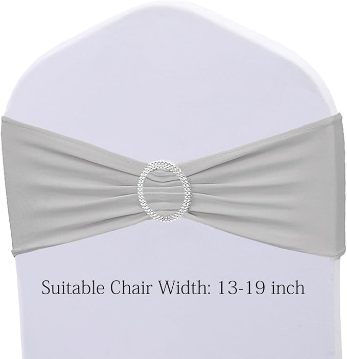 Stretch Spandex Silver Gray Chair Sashes Bows 50 Pack - Universal Chair Bands with Silver Buckle for Wedding Party Engagement Banquets Bridal Shower Events Decorations