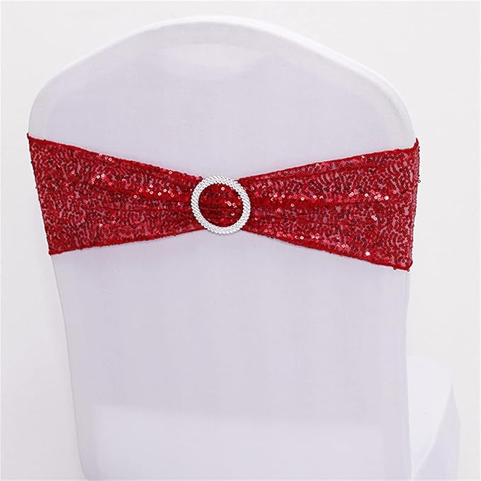Dimatic 50 PCS Stretch Sequin Chair Sashes Chair Stretchy Spandex Bands for Wedding Reception Events Banquets Chairs Decoration (Red)