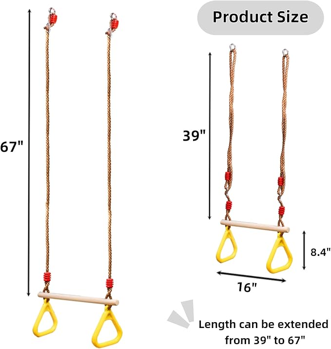 Trapeze Bar, 16" Adjustable Height Wooden Swing Set, Trapeze Climbing Bar Assembly with Rings, Gym Hanging Accessories Playground Attachments