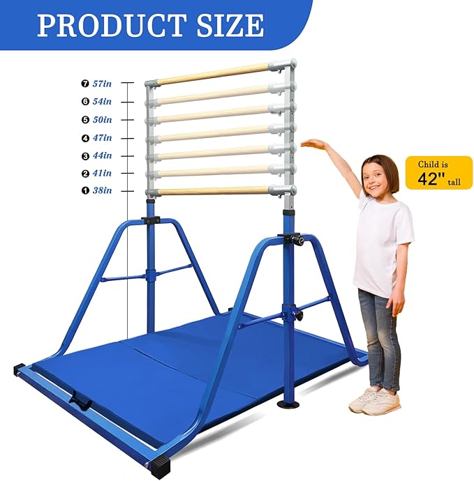 Foldable & Moveable Gymnastics Horizontal Bar with Rings,3’to 5’Adjustable Height Expandable Junior Kip Bar for Home,Indoor Gym Equipment for Kids