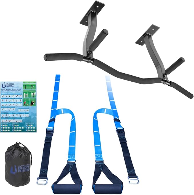 Ceiling Mount Pull Up Bar with Reversible Risers for 16 and 24 Inch Joists with Optimum Grip Spacing by Ultimate Body Press