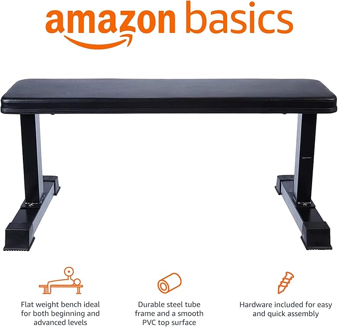 Amazon Basics Sturdy Flat Weight Bench for Home Gym, Strength Training, Stable Assembly, Black