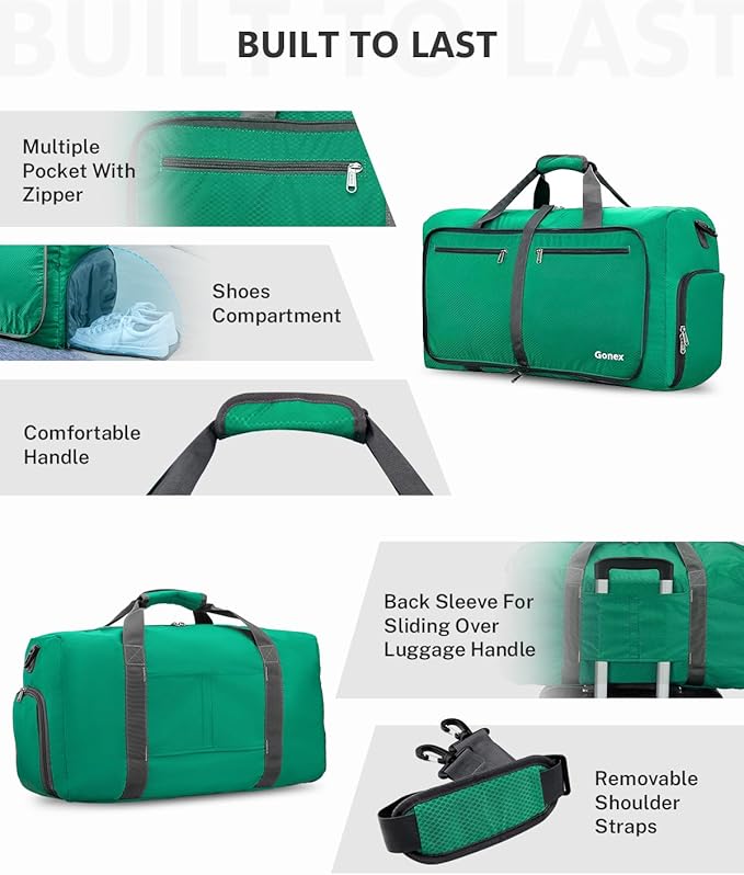 Gonex Large Foldable Travel Duffle Bag with Shoes Compartment, Packable Lightweight Water Repellent Duffel Bag for Camping Gym Weekender Bag