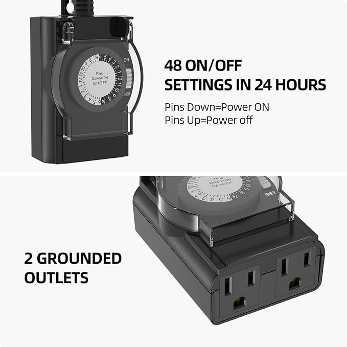 TiFFCOFiO Outdoor Timer Outlet Waterproof, 24 Hour Mechanical Light Timer Outdoor, 2 Grounded Outlets for Home and Garden, 15A 1/2HP, Heavy Duty, ETL Listed (1 Pack)