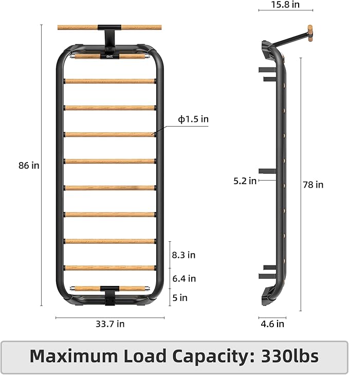 DHT Swedish Ladder 2.0, Wood Stall Bar with Suspension Trainer Straps, Pull-Up Dip Bar Attachment, 11 Strategic Rods, for Home, School, Physical Therapy and Gymnastics