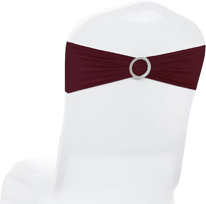 MDS Pack of 100 Spandex Chair Sashes Bow Premium Stretch Chair Cover Band with Buckle Slider Universal fits Elastic Dining Chair Ties for Wedding Party Banquet Events Decoration - Burgundy