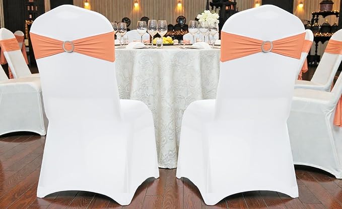 MDS Pack of 100 Spandex Chair Sashes Bow Premium Stretch Chair Cover Band with Buckle Slider Universal fits Elastic Dining Chair Ties for Wedding Party Banquet Events Decoration - Peach