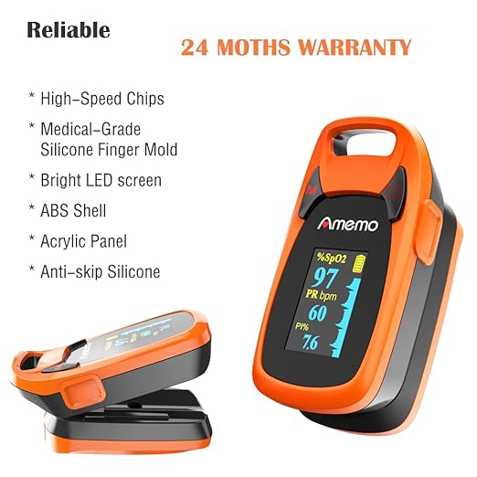 Fingertip Pulse Oximeter with Plethysmograph and Perfusion Index, include carrying case, Large OLED Digital Display Blood Oxygen Saturation Monitor Heart Rate Monitor (Color: Red-Orange)