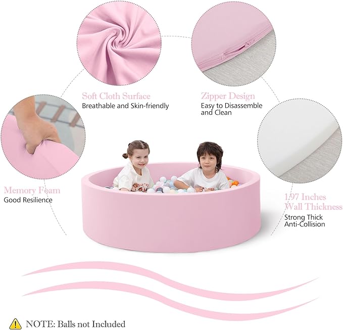 SHJADE 47.2"x 13.8" Foam Ball Pit, Large Ball Pits for Toddlers, Soft Round Playpen Ball Pool for Kids, Ideal Gift for Child Indoor and Outdoor Game, Pink(Balls not Included)