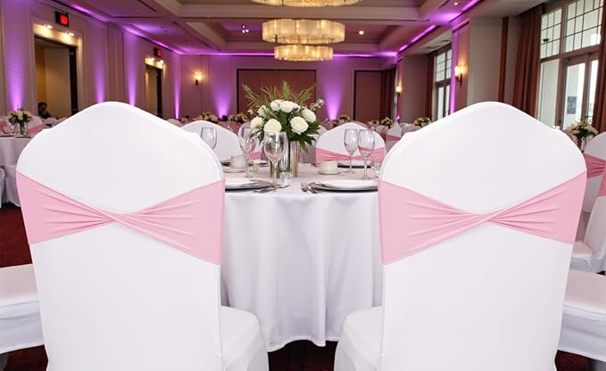 MDS Pack of 125 Spandex Chair Sashes Bows Elastic Stretch Dining Chair Bands Ties Without Slider Buckle Universal fits for Wedding Baby Shower Birthday Party Banquet Event Decoration - Pink