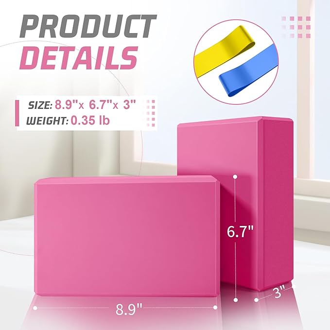 Yoga Blocks 2 Pack 3x6x9IN Foam Block Supportive Latex-Free with Stretch Band, Non-Slip Exercise Blocks for Pilates, Meditation, Balance, Stretching and Deep Poses