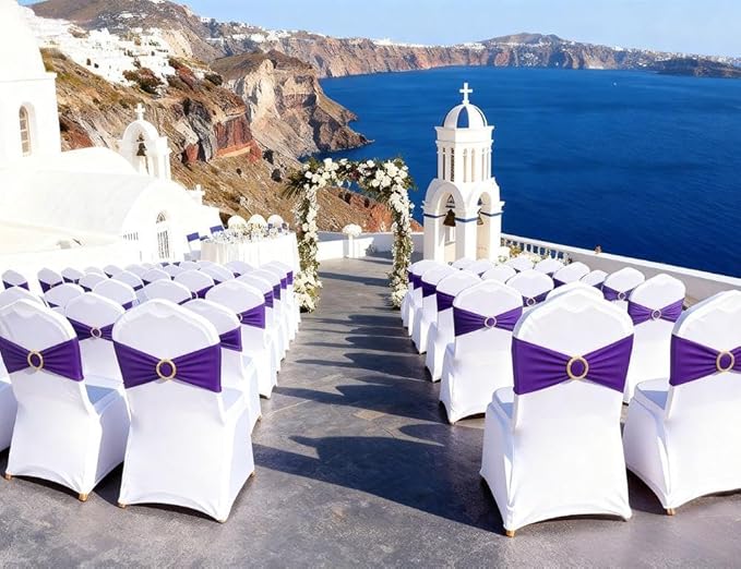 Purple Chair Sashes 50 Pack with Gold Buckle Slider, Spandex Chair Bows Bands for Folding Chairs Wedding Party Birthday Décor