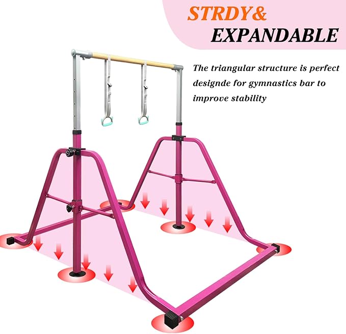 Foldable & Moveable Gymnastics Horizontal Bar with Rings,3’to 5’Adjustable Height Expandable Junior Kip Bar for Home,Indoor Gym Equipment for Kids