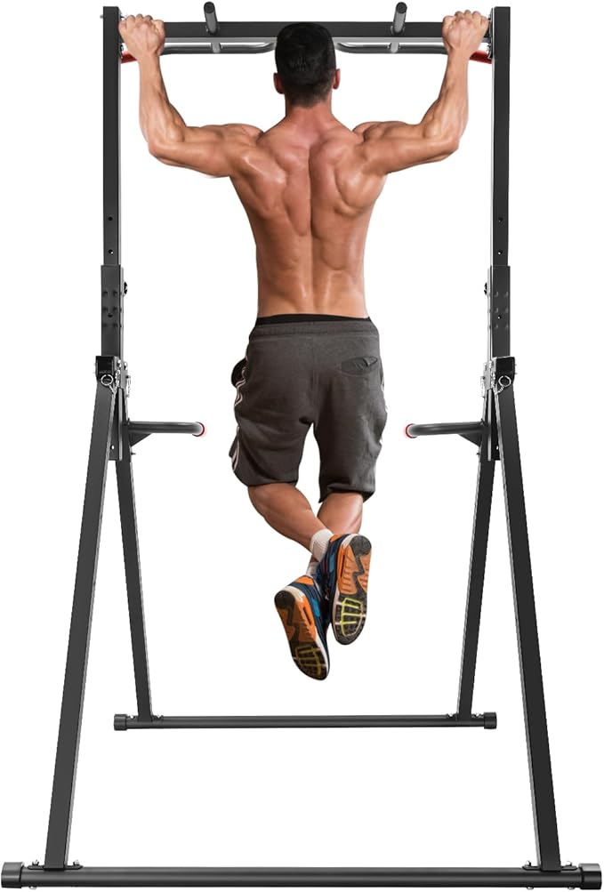 Power Tower Pull Up Dip Station, Foldable Pull Up Bar Rack Dip Station 5.74-7.55ft Height Adjustable Home Strength Training Fitness Workout Equipment, Up to 440lbs (With double bars)