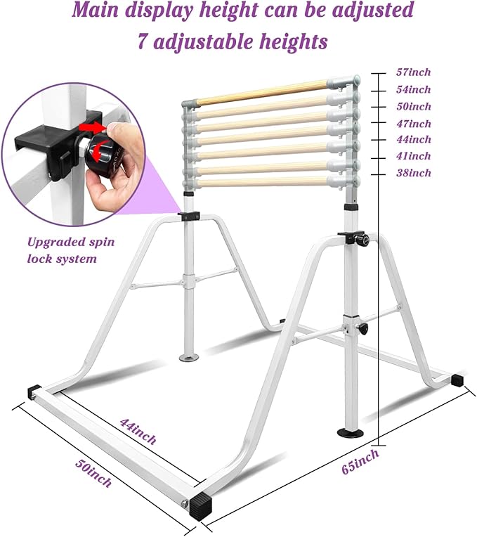 GLANT Gymnastics Bar for Kids with Rings Set, 7 Heights Adjustable Easy Folding Gymnastic Training Bar Kids Monkey Horizontal Bars - Max Load 300LBS