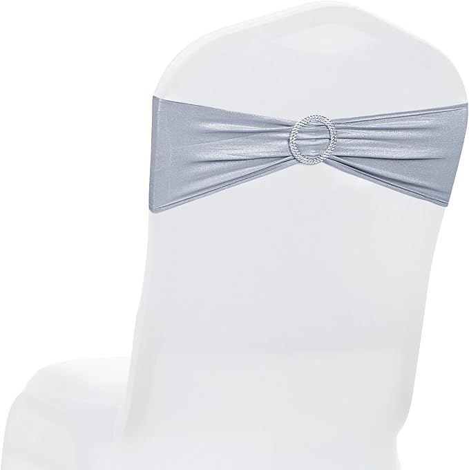 MDS Pack of 250 Spandex Foil Chair Sashes Bow Universal fits Elastic Stretch Chair Bands Ties with Buckle for Wedding Lycra Slider Bow - Metallic/zari/Sparkle Silver