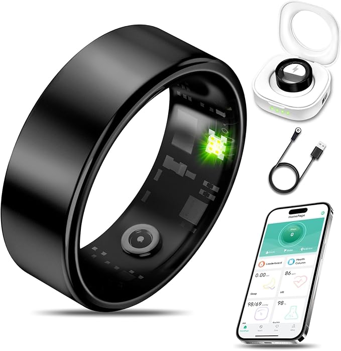 Smart Health Ring for Women Men Fitness Tracker with Heart Rate, Blood Oxygen, Blood Pressure, Sleep Monitoring, Step Counting, IP68 Waterproof for iOS and Android, No APP Fee, Black 6