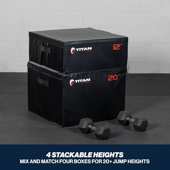 Titan Fitness Stackable Soft Foam Plyometric Box Set, 6in, 12in, 20in, 24in, High Density EPE Foam Core Plyo Box, Step Up Exercise Platform, Box Squat, Step-Up, Box Jumps for Home Garage Gym Training
