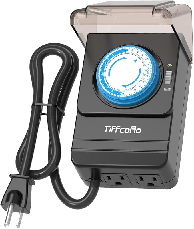 TiFFCOFiO Outdoor Heavy Duty Mechanical Timer Outlet Waterproof, 15 Minutes Intervals, 24 Hour Outdoor Pool Pump Timer with 2FT Cord, 2 Grounded Outlets for Outdoor Lights, 15A/1875W