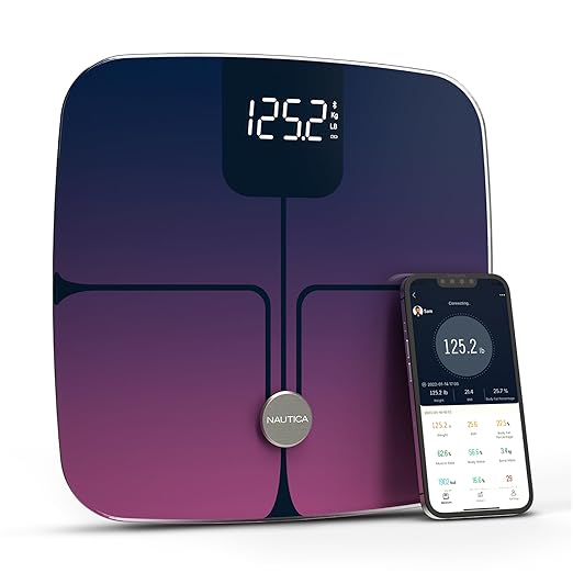 Nautica Body Tracker Digital Bathroom Scale, Bluetooth-Enabled Smart Scale with BMI, Body Fat, Muscle Mass Tracking & More, Syncs with Smartphone App for Body Composition Tracking, 440 Lbs.