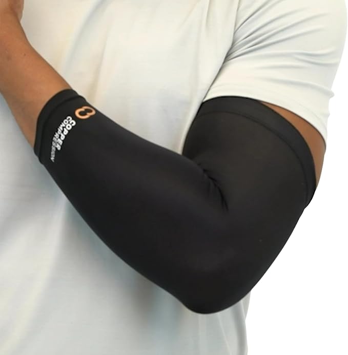 Copper Compression Arm Sleeve - Copper Infused Full Arm Brace for Forearm, Bicep, Triceps - Tennis Elbow, Basketball, Golf, Arthritis, Tendonitis, Bursitis, Post Surgery Rehab - Odor Resistant - Black - XL