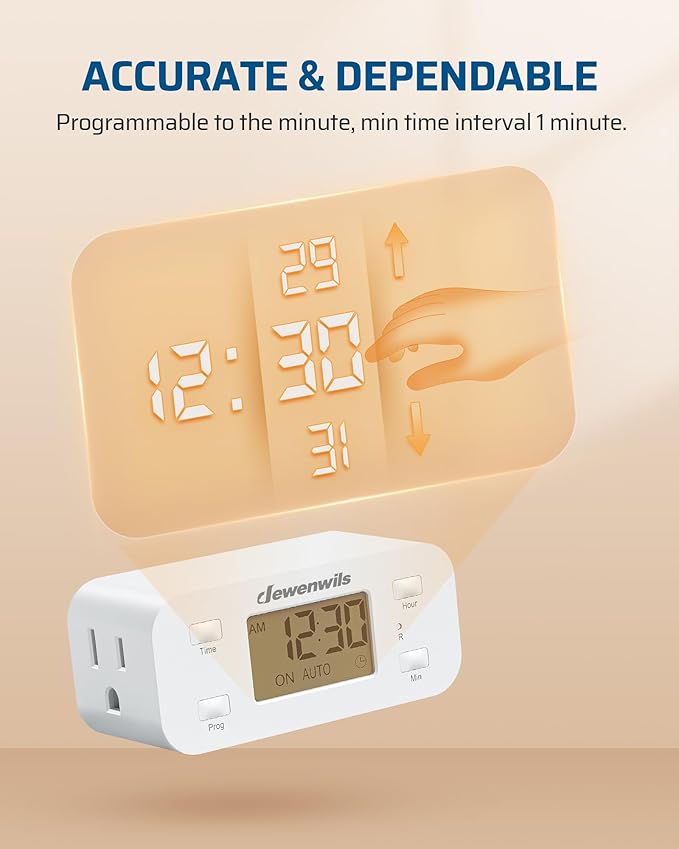DEWENWILS 24 Hour Programmable Digital Timer Outlet, Timers for Electrical Outlets, Light Timer for Indoor Lamp Fan Aquarium, 1 Grounded Outlet, 125V/15A/1000W, 3 Prong, 1/2 HP, 1 Pack,White