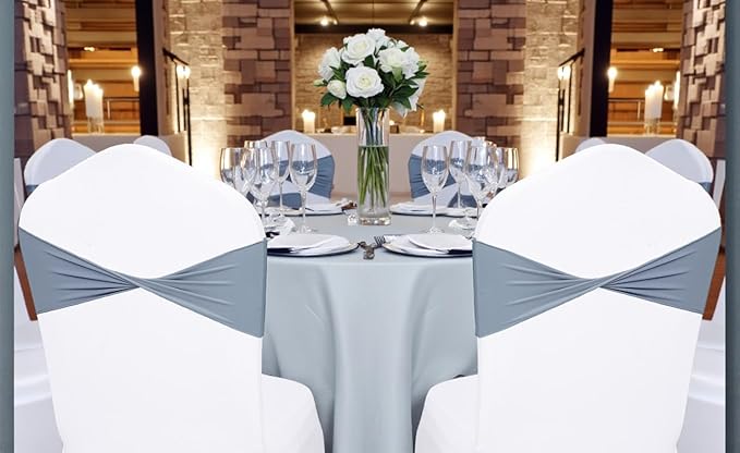 MDS Pack of 125 Spandex Chair Sashes Bows Elastic Stretch Dining Chair Bands Ties Without Slider Buckle Universal fits for Wedding Baby Shower Birthday Party Banquet Event Decoration - Dusty Blue